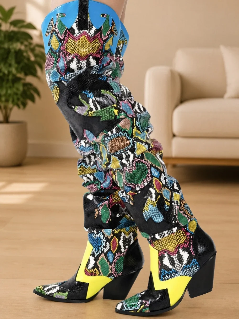 Gorgeous Statement Multicolor Snake-Print Slouchy Western over the knee boots.👢